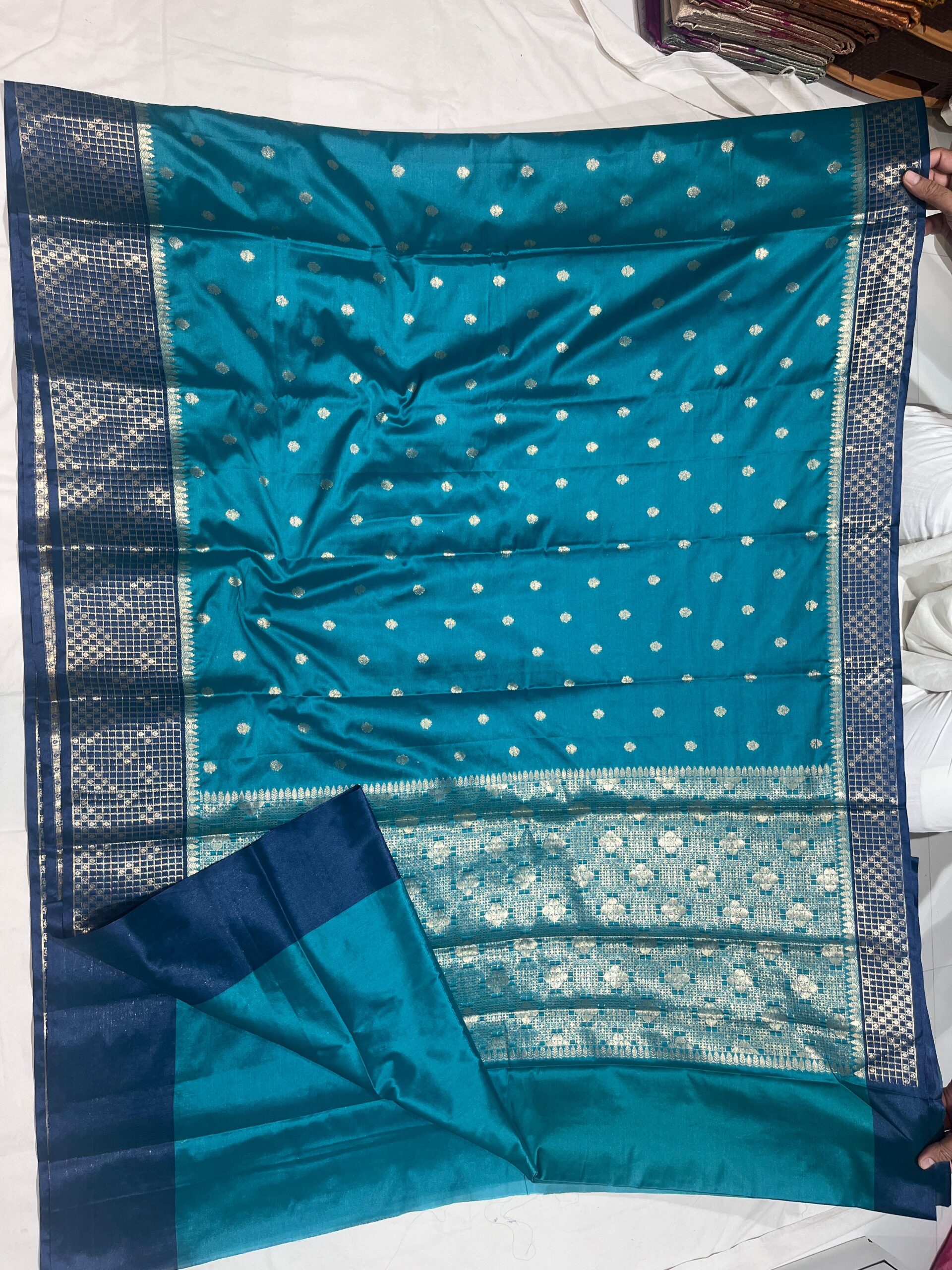 Banarasi Velvet Silk Saree – Teal Blue with Royal Blue Border