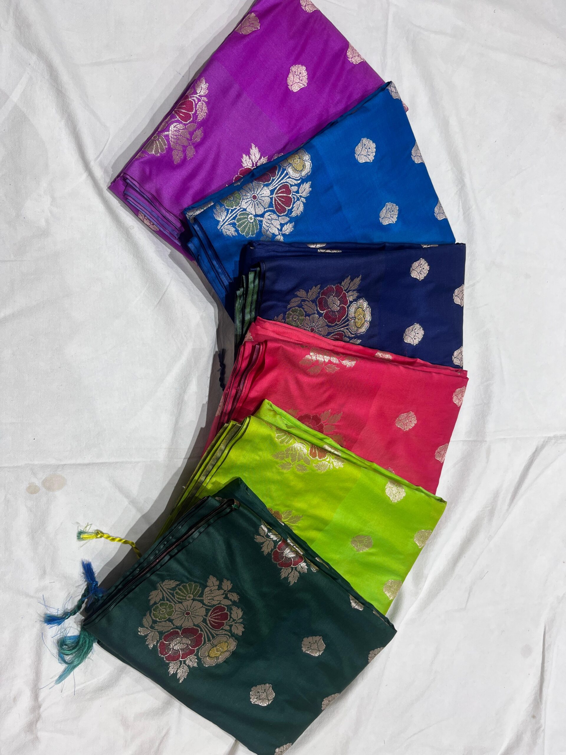 Banarasi Katan Silk Sarees – Set of 6 | Bright Colors, Meena Border & Booti Pattern