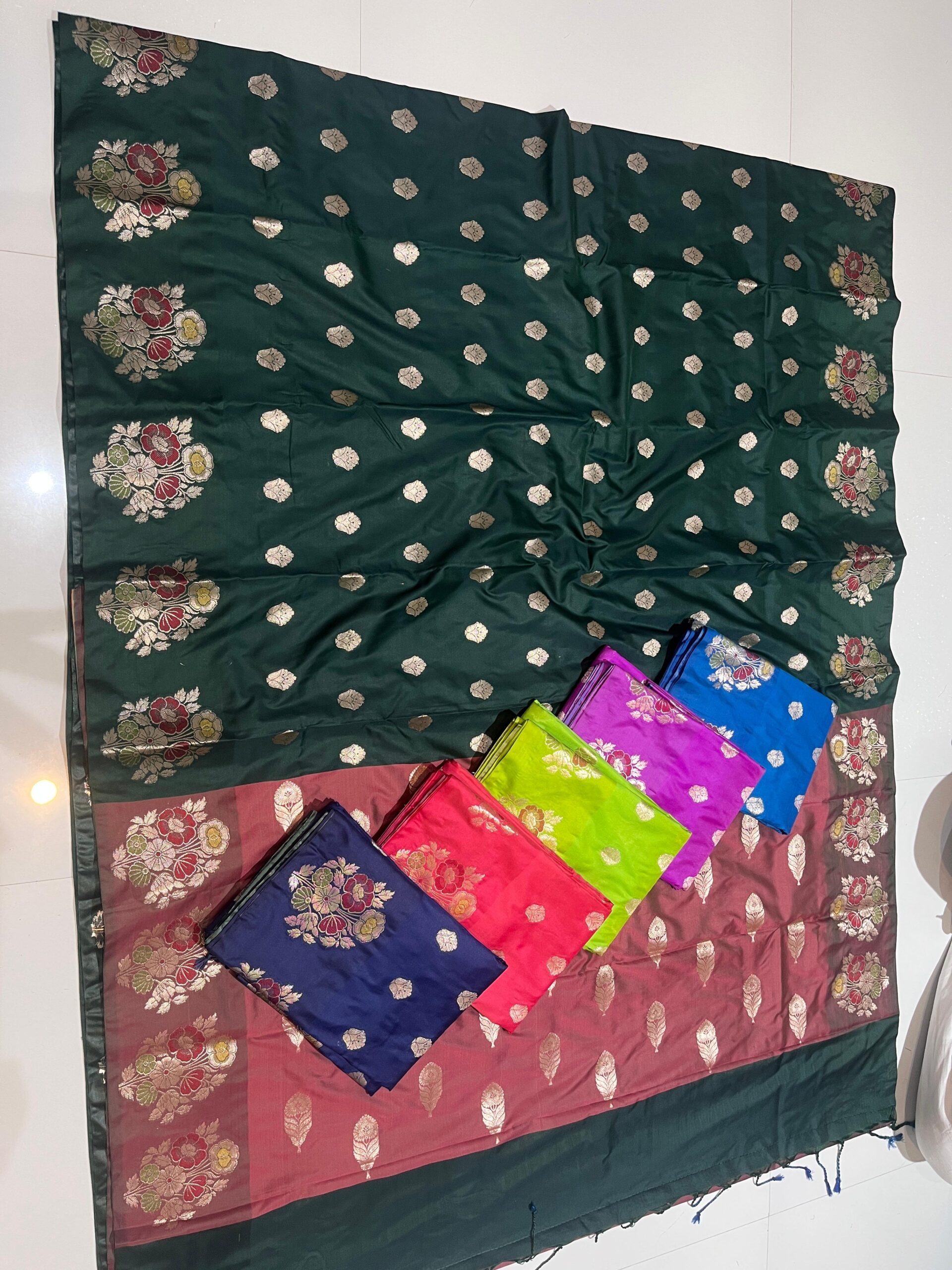 Banarasi Katan Silk Sarees – Set of 6 | Bright Colors, Meena Border & Booti Pattern