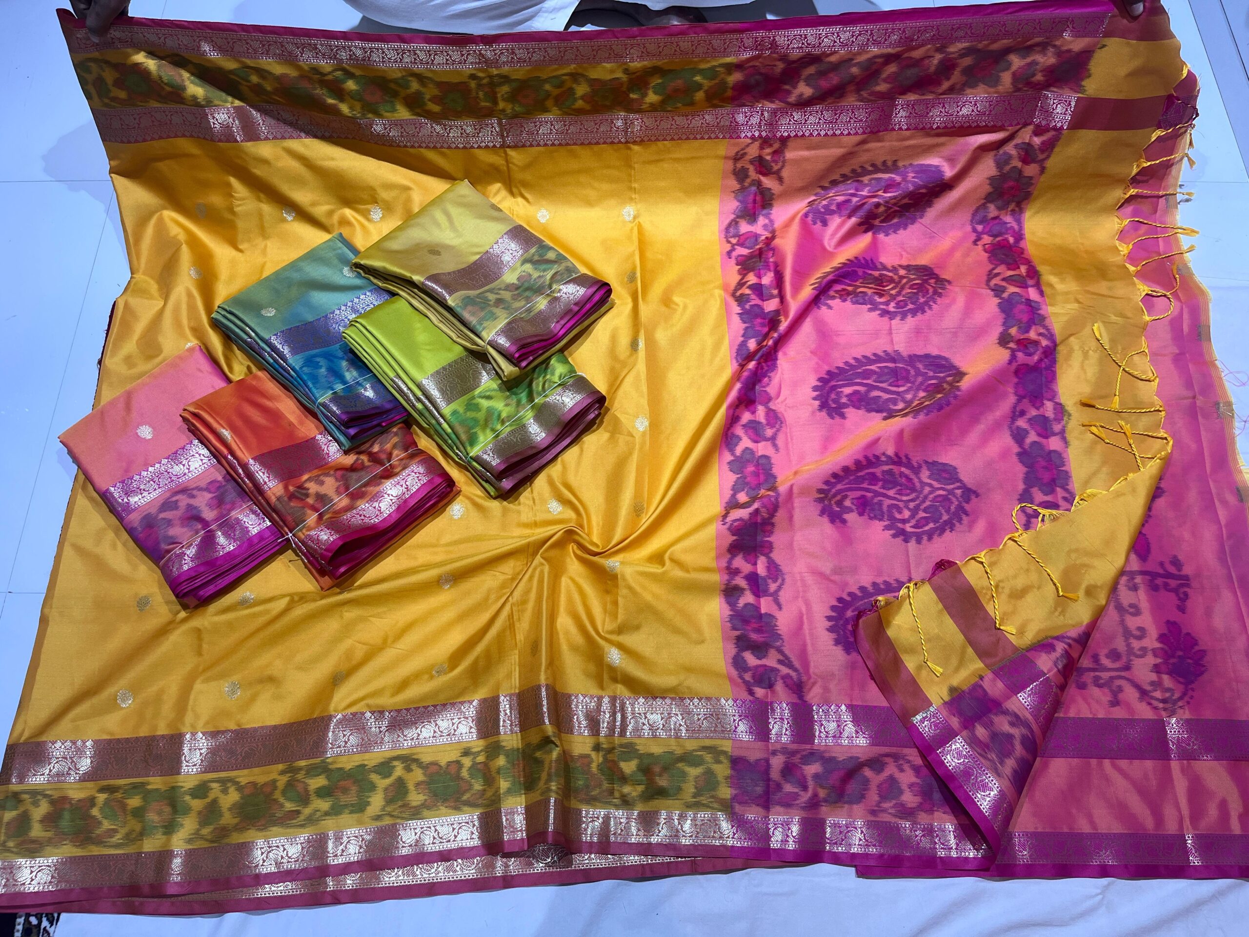 Banarasi Katan Silk Sarees – Set of 6 | Bright Colors, Meena Border & Booti Pattern
