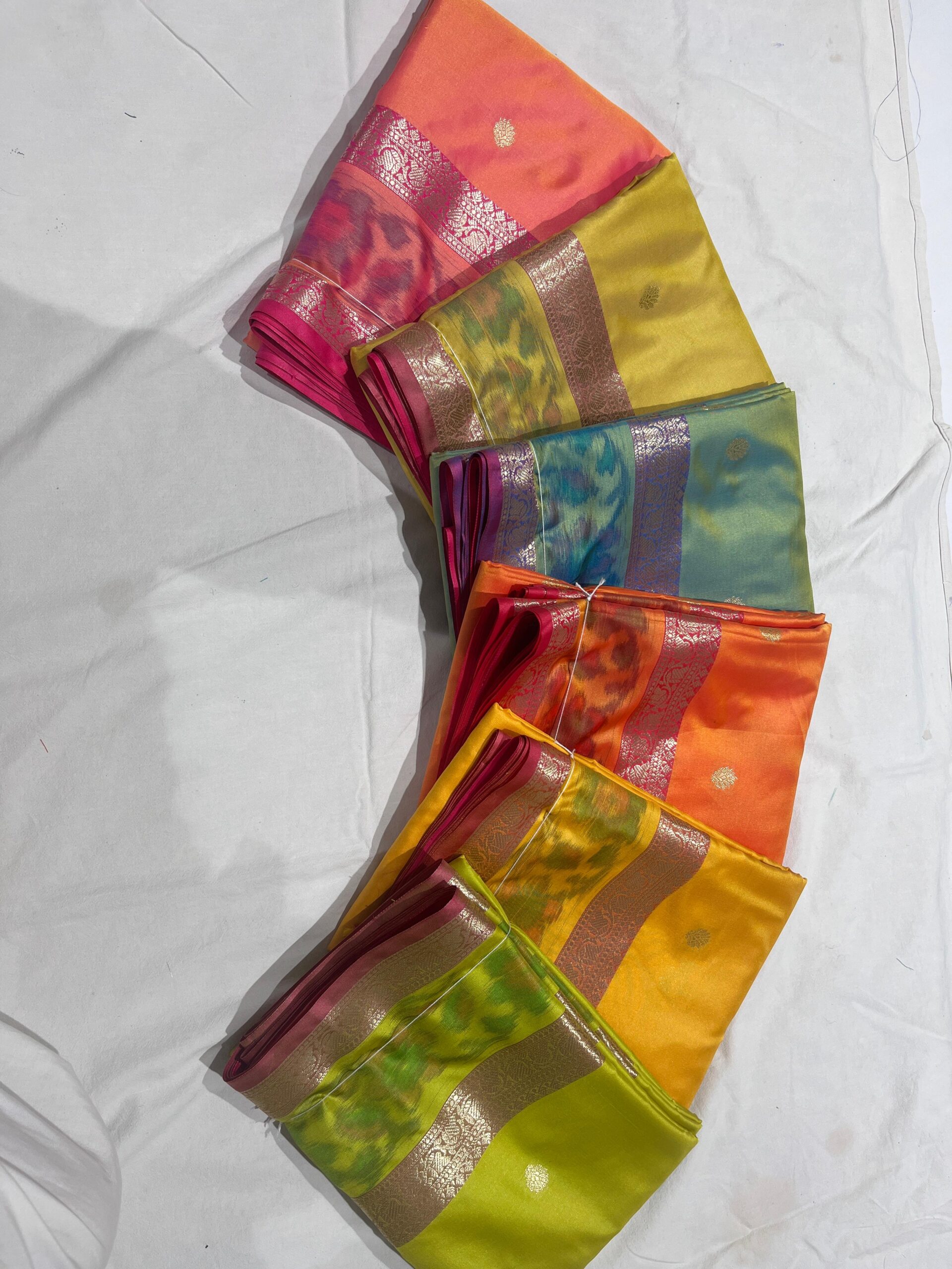 Banarasi Katan Silk Sarees – Set of 6 | Bright Colors, Meena Border & Booti Pattern