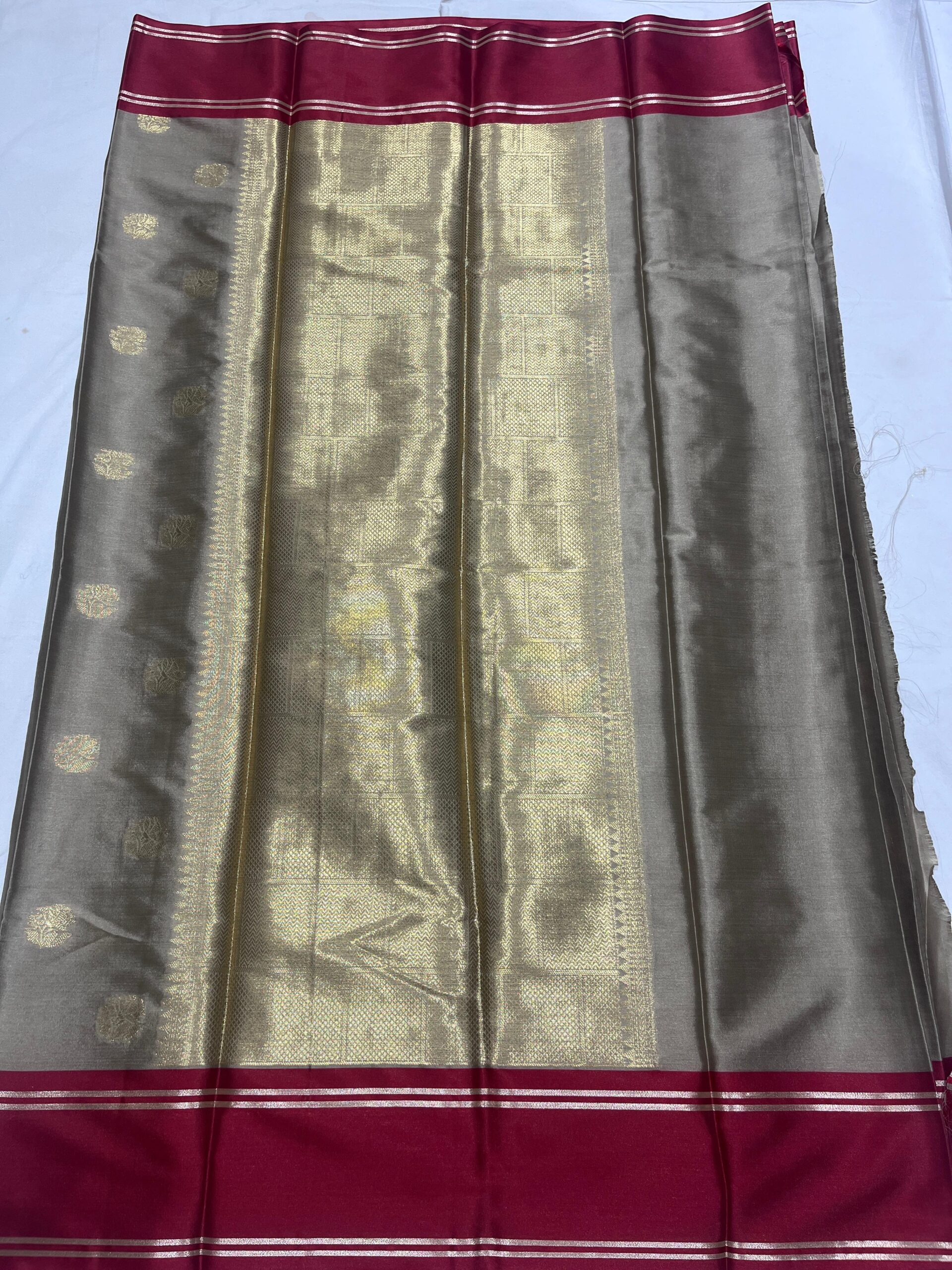 Banarasi Velvet Silk Saree -Rose Gold and Red| Fancy Border & Rich Zari Pallu