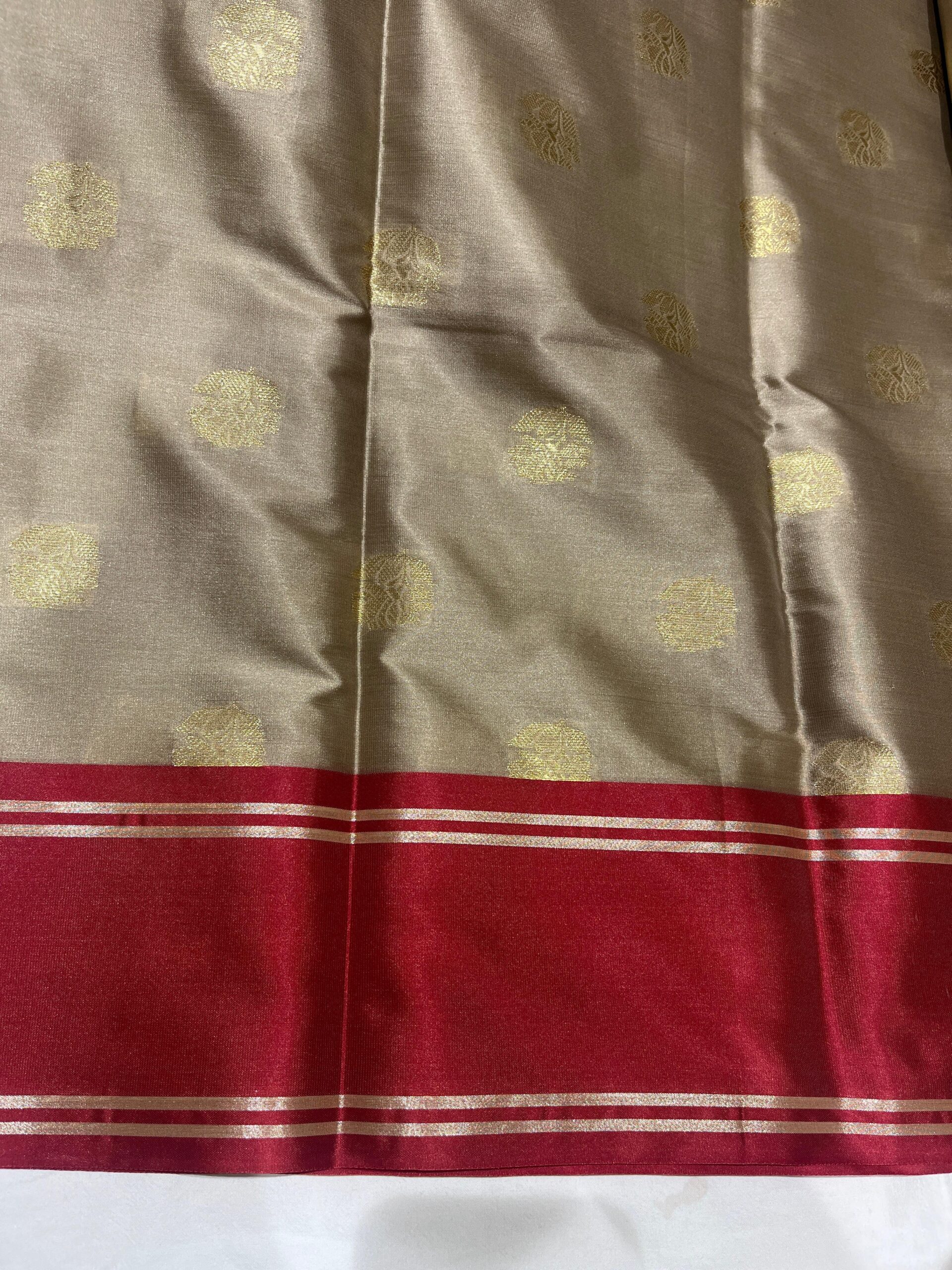 Banarasi Velvet Silk Saree -Rose Gold and Red| Fancy Border & Rich Zari Pallu