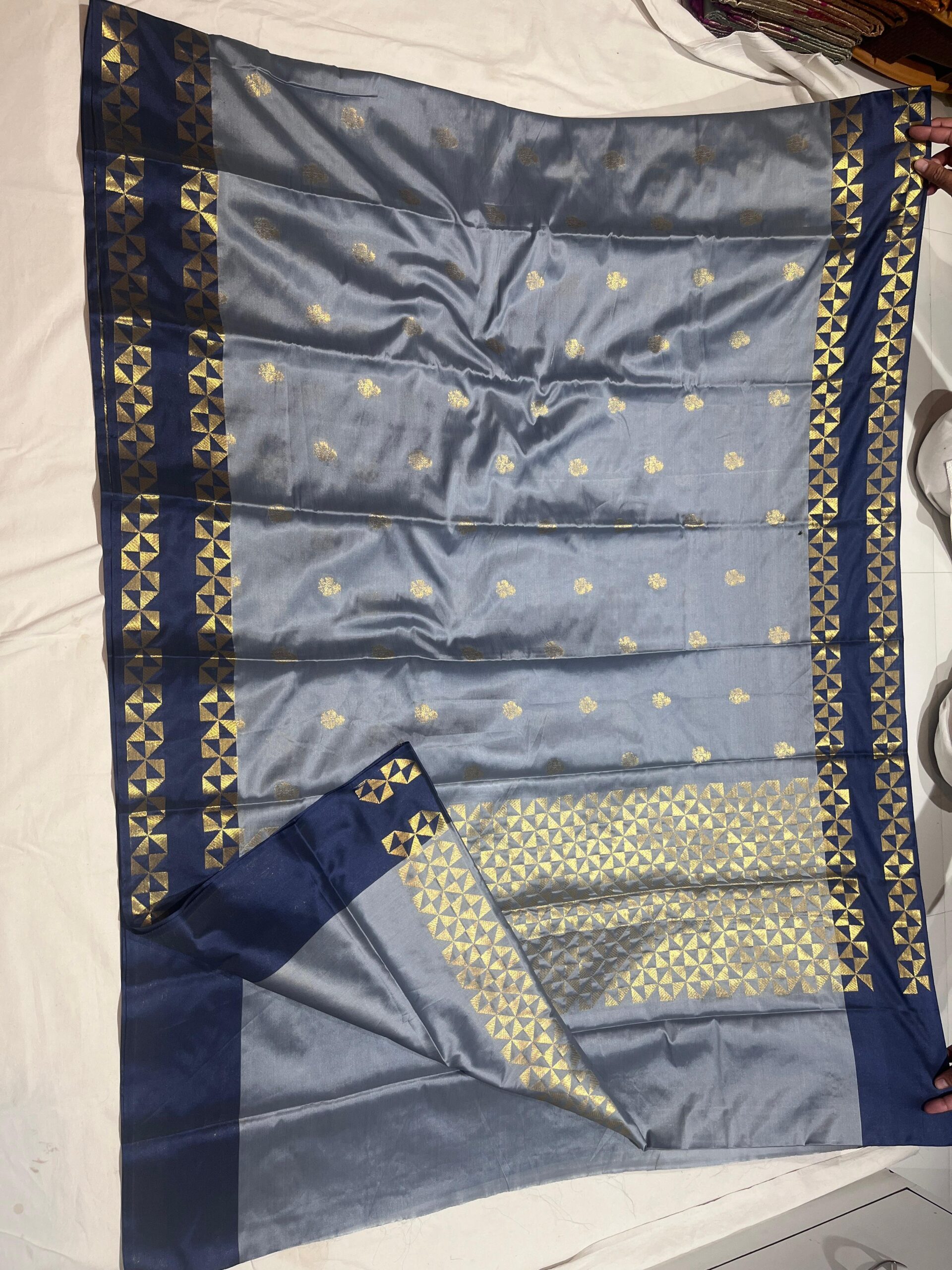 WhatsApp Image 2025-11-11 at 14.50.20 Banarasi Velvet Silk Saree — Grey with Navy Blue Border