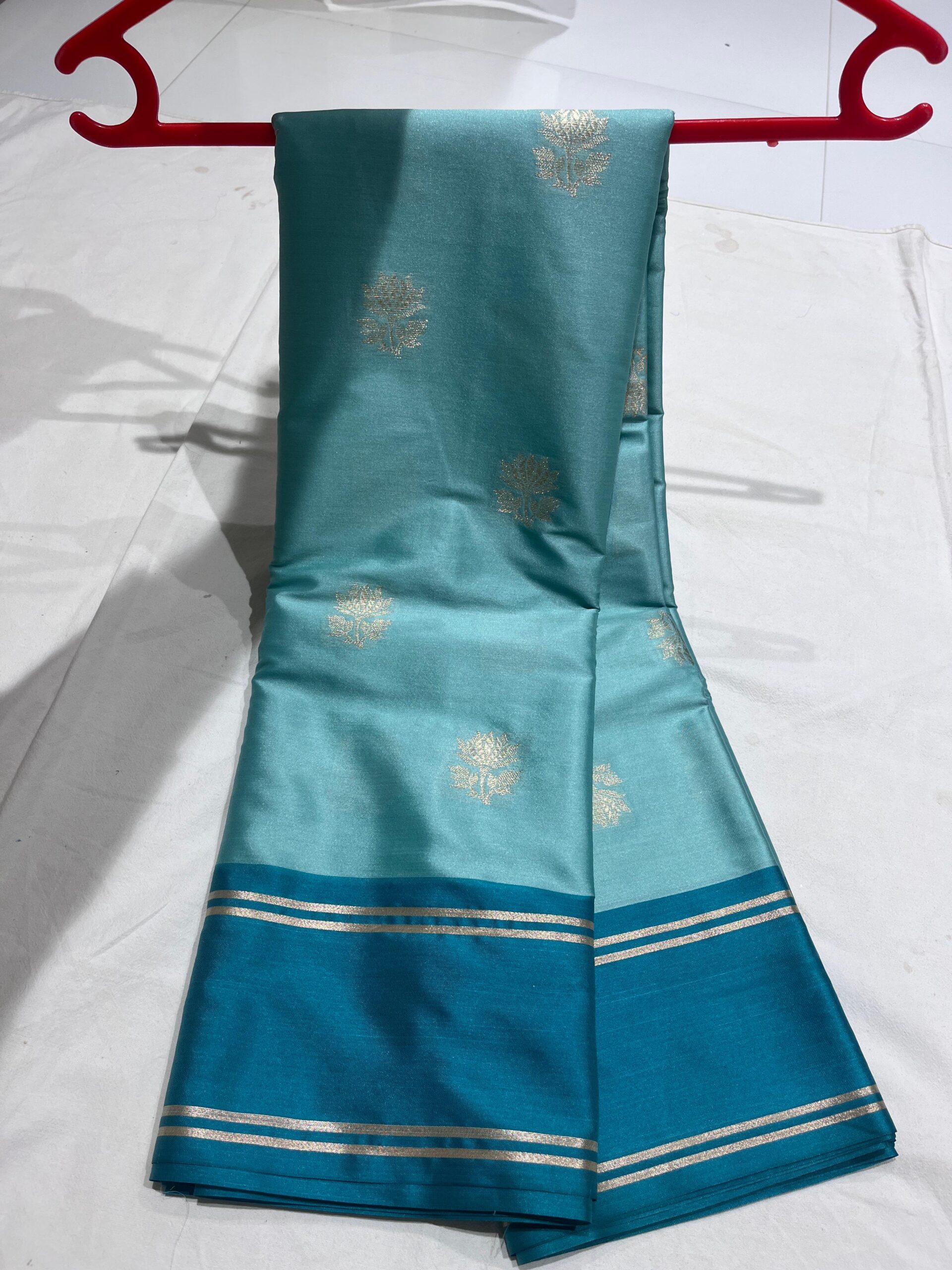 Banarasi Velvet Silk Saree — Light Sea Green with Rama Border Banarasi Velvet Silk Saree — Light Sea Green with Rama Border
