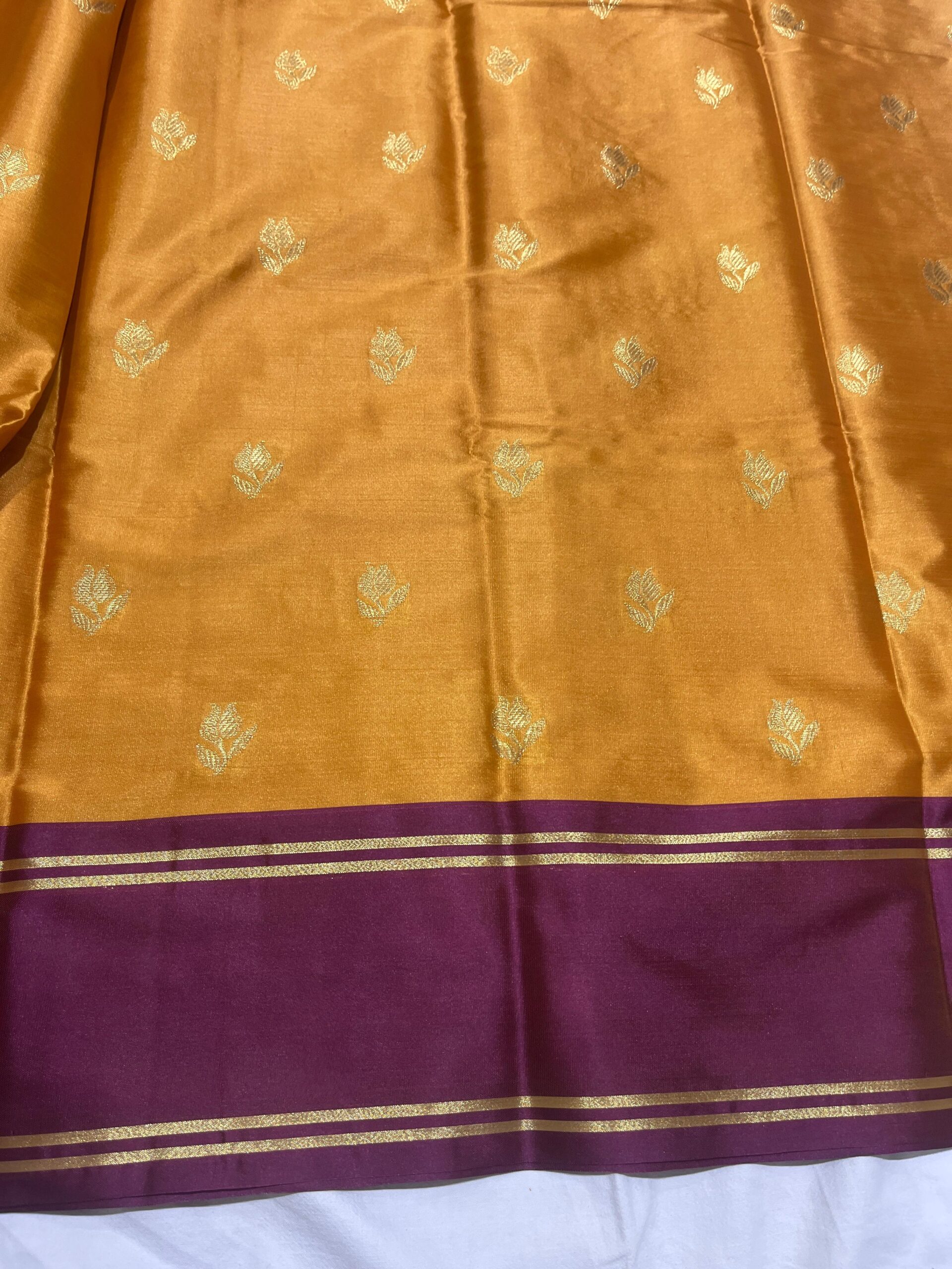 Banarasi Velvet Silk Saree — Mustard with Garnet Border | Bentex Border & Rich Zari Pallu Banarasi Velvet Silk Saree — Mustard with Garnet Border | Bentex Border & Rich Zari Pallu